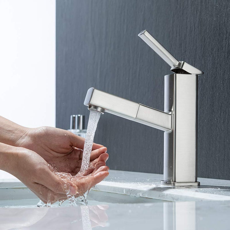 KAIYING Bathroom Sink Faucet with Pull Out Sprayer, Single Hole Utility Bar Sink Faucet, Lavatory Pull Down RV Sink Faucets with Rotating Spout, Single Handle (Regular, Brushed Nickel) - Image 4